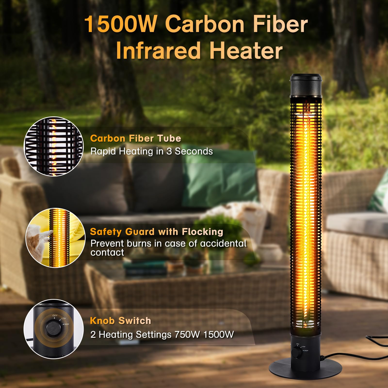 Patio Heaters for Outdoor Use, 45" 1500W Outdoor Electric Heaters, Large Standing Infrared Outdoor Heaters for Patio, Carbon Fiber Radiant Heater for Yard, Garage, Home - CookCave