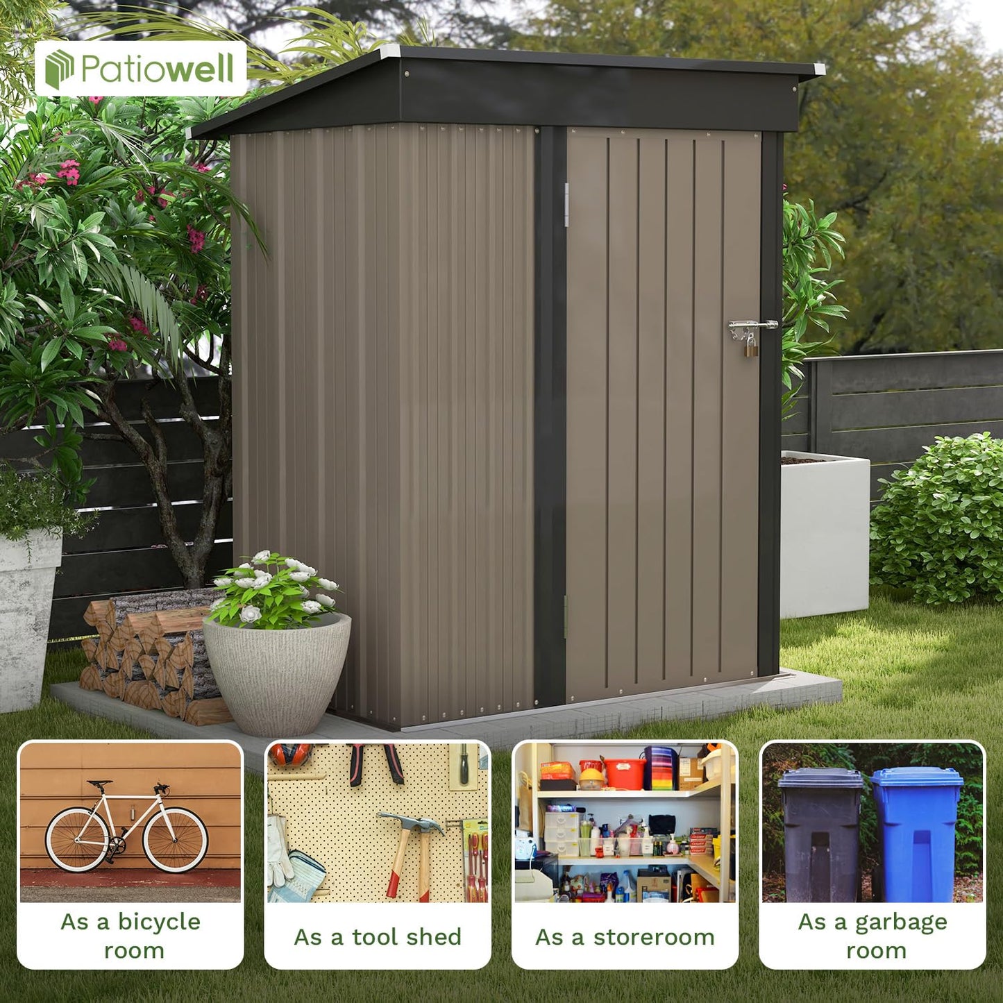 Patiowell 5x3 FT Outdoor Storage Shed, Tool Shed with Sloping Roof and Lockable Door, Metal Shed for Backyard Garden Patio Lawn, Brown - CookCave