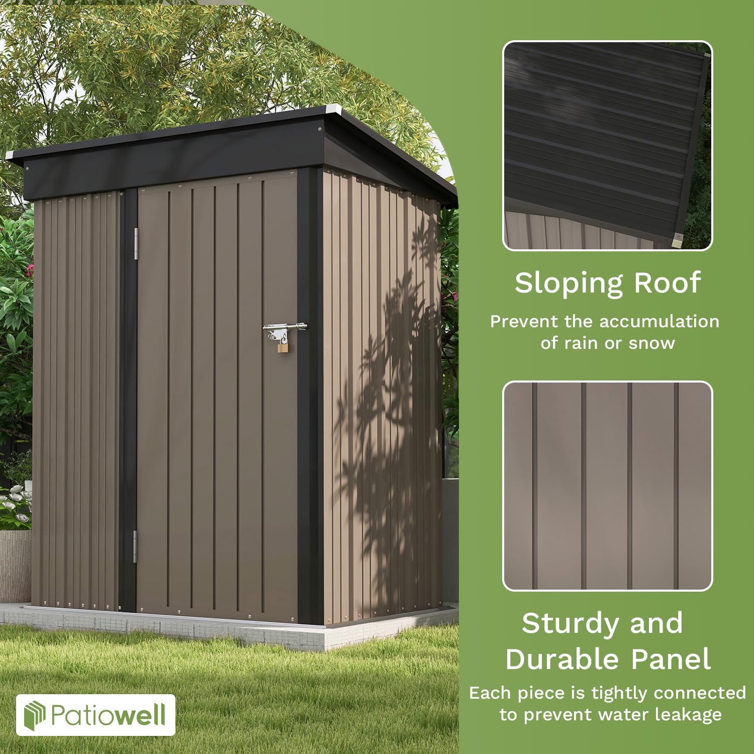 Patiowell 5x3 FT Outdoor Storage Shed, Tool Shed with Sloping Roof and Lockable Door, Metal Shed for Backyard Garden Patio Lawn, Brown - CookCave
