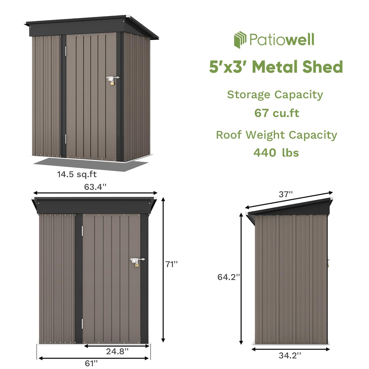 Patiowell 5x3 FT Outdoor Storage Shed, Tool Shed with Sloping Roof and Lockable Door, Metal Shed for Backyard Garden Patio Lawn, Brown - CookCave