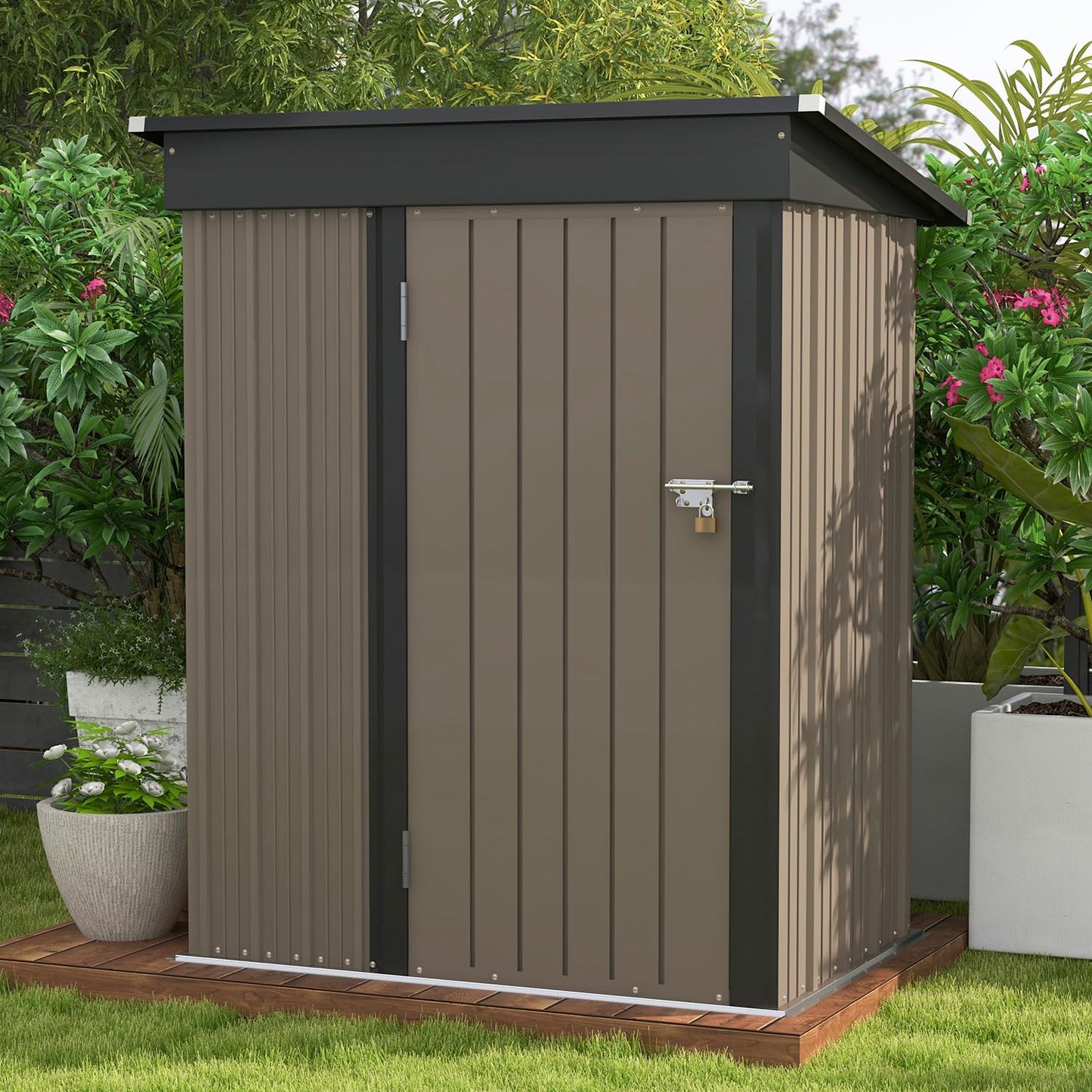 Patiowell 5x3 FT Outdoor Storage Shed, Tool Shed with Sloping Roof and Lockable Door, Metal Shed for Backyard Garden Patio Lawn, Brown - CookCave