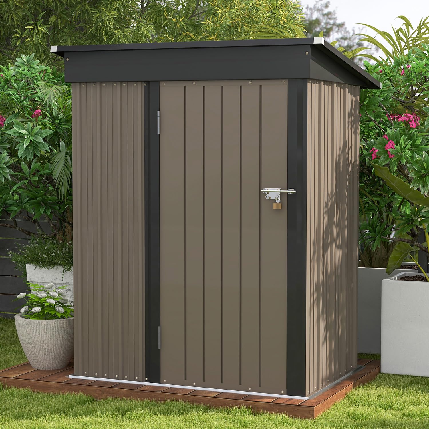 Patiowell 5x3 FT Outdoor Storage Shed, Tool Shed with Sloping Roof and Lockable Door, Metal Shed for Backyard Garden Patio Lawn, Brown - CookCave