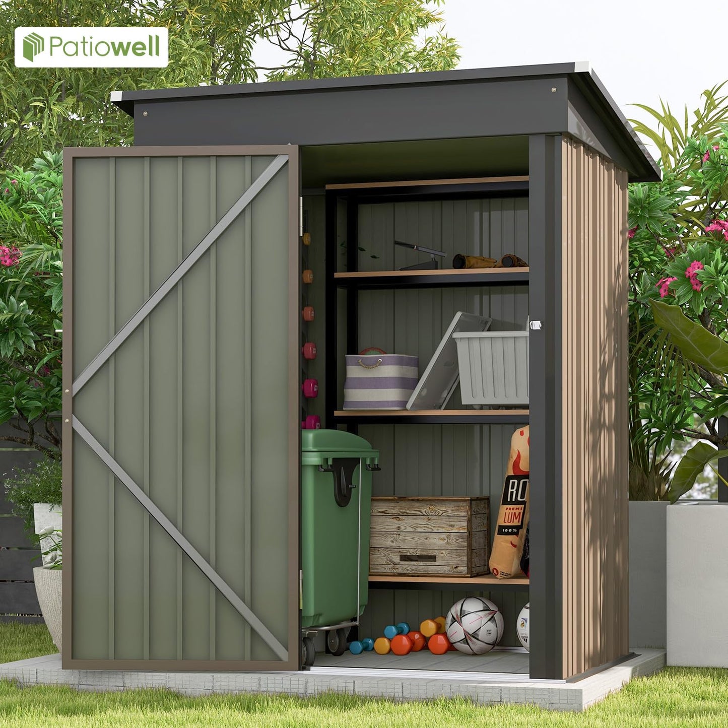 Patiowell 5x3 FT Outdoor Storage Shed, Tool Shed with Sloping Roof and Lockable Door, Metal Shed for Backyard Garden Patio Lawn, Brown - CookCave