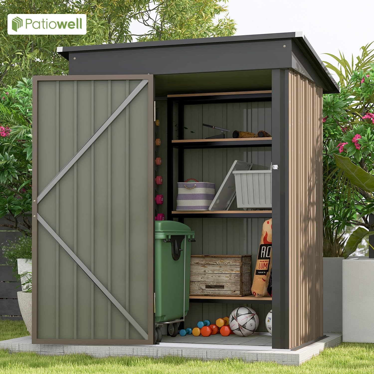 Patiowell 5x3 FT Outdoor Storage Shed, Tool Shed with Sloping Roof and Lockable Door, Metal Shed for Backyard Garden Patio Lawn, Brown - CookCave