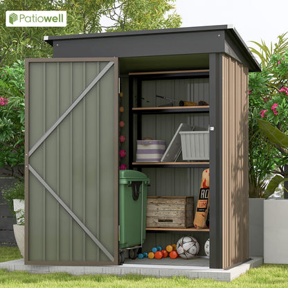 Patiowell 5x3 FT Outdoor Storage Shed, Tool Shed with Sloping Roof and Lockable Door, Metal Shed for Backyard Garden Patio Lawn, Brown - CookCave