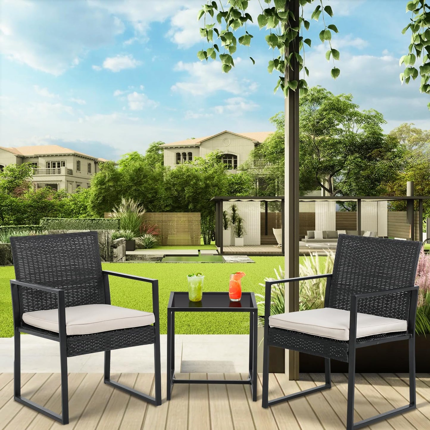 PayLessHere 3 Pieces Wicker Outdoor Furniture Rattan Patio Furniture Set Patio Chairs Balcony Chairs with 2 Outdoor Chairs Coffee Table Cushions for Poolside Balcony Bar Garden,Khaki - CookCave