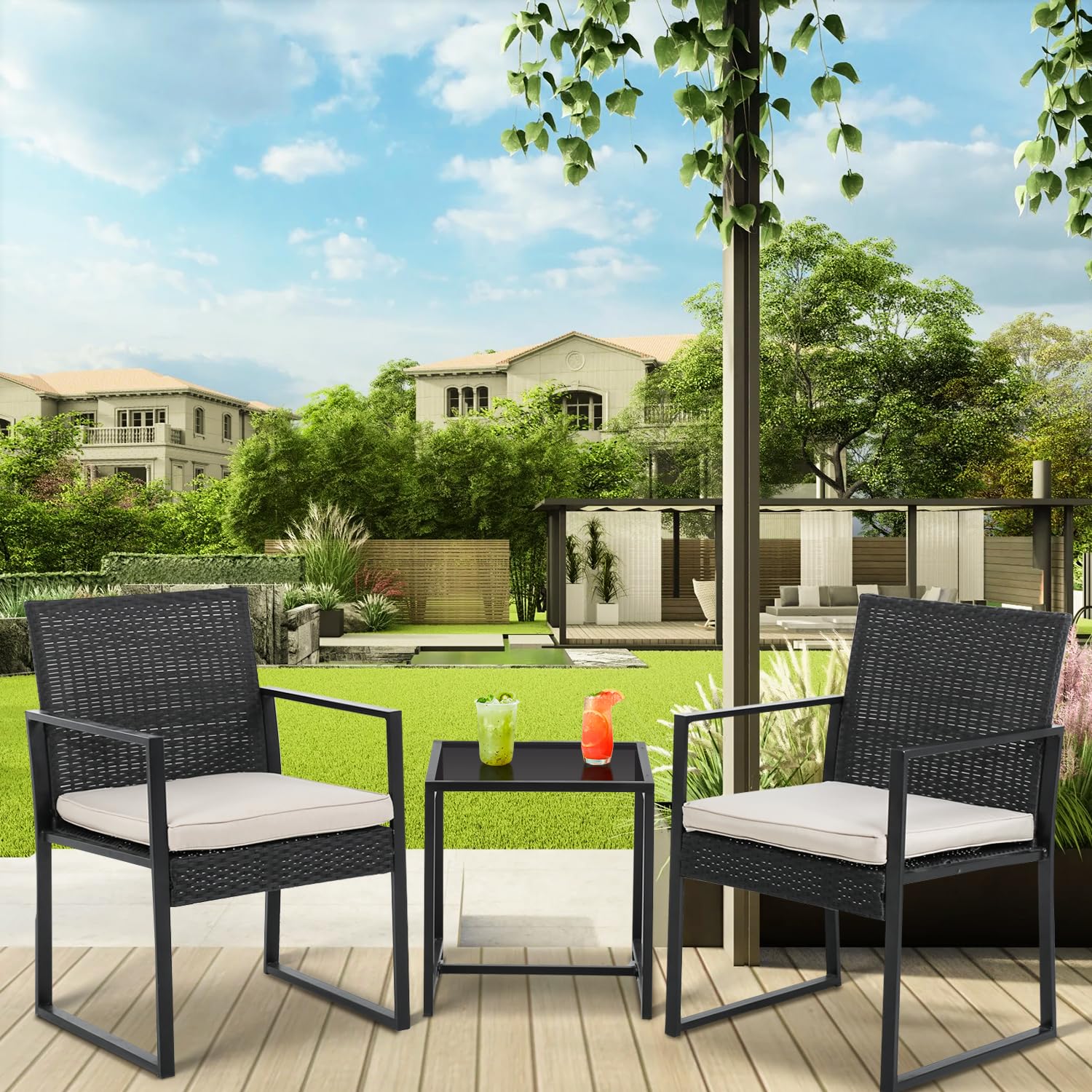 PayLessHere 3 Pieces Wicker Outdoor Furniture Rattan Patio Furniture Set Patio Chairs Balcony Chairs with 2 Outdoor Chairs Coffee Table Cushions for Poolside Balcony Bar Garden,Khaki - CookCave
