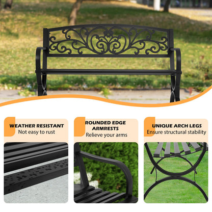 PayLessHere Black Outdoor Metal Loveseat Chairs Patio Garden Bench 50-inch Slatted Seat Armrests Floral Design Plastics Backres Perfect for Park, Yard, Porch, Lawn, Balcony, Backyard - CookCave