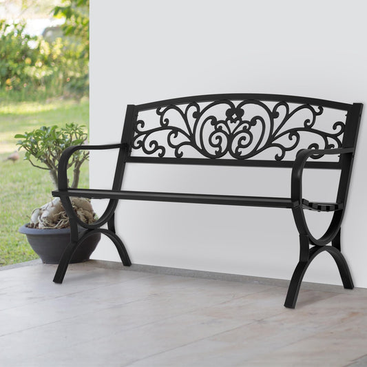 PayLessHere Black Outdoor Metal Loveseat Chairs Patio Garden Bench 50-inch Slatted Seat Armrests Floral Design Plastics Backres Perfect for Park, Yard, Porch, Lawn, Balcony, Backyard - CookCave