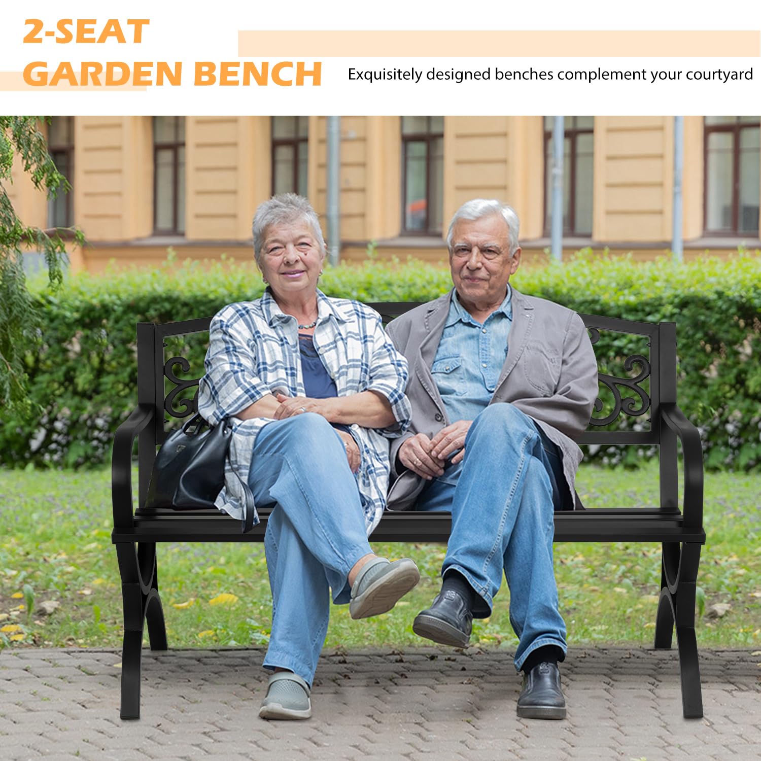 PayLessHere Black Outdoor Metal Loveseat Chairs Patio Garden Bench 50-inch Slatted Seat Armrests Floral Design Plastics Backres Perfect for Park, Yard, Porch, Lawn, Balcony, Backyard - CookCave