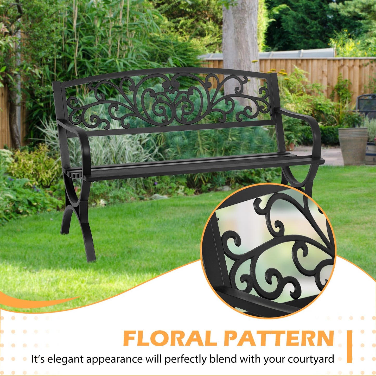 PayLessHere Black Outdoor Metal Loveseat Chairs Patio Garden Bench 50-inch Slatted Seat Armrests Floral Design Plastics Backres Perfect for Park, Yard, Porch, Lawn, Balcony, Backyard - CookCave