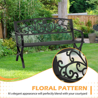 PayLessHere Black Outdoor Metal Loveseat Chairs Patio Garden Bench 50-inch Slatted Seat Armrests Floral Design Plastics Backres Perfect for Park, Yard, Porch, Lawn, Balcony, Backyard - CookCave