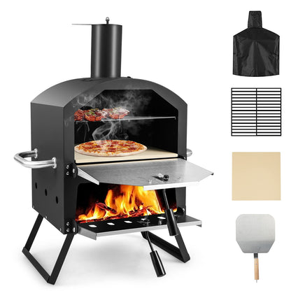 PETSITE Pizza Oven Outdoor, Wood Pellet Fired Pizza Oven with 12 Inches Pizza Stone & Waterproof Cover, 2-Tier Design Portable Stainless Steel Grill Pizza Maker for Outside Backyard Party - CookCave