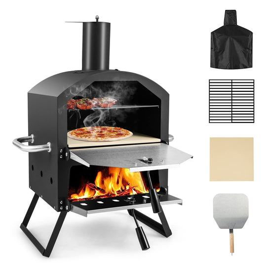 PETSITE Pizza Oven Outdoor, Wood Pellet Fired Pizza Oven with 12 Inches Pizza Stone & Waterproof Cover, 2-Tier Design Portable Stainless Steel Grill Pizza Maker for Outside Backyard Party - CookCave