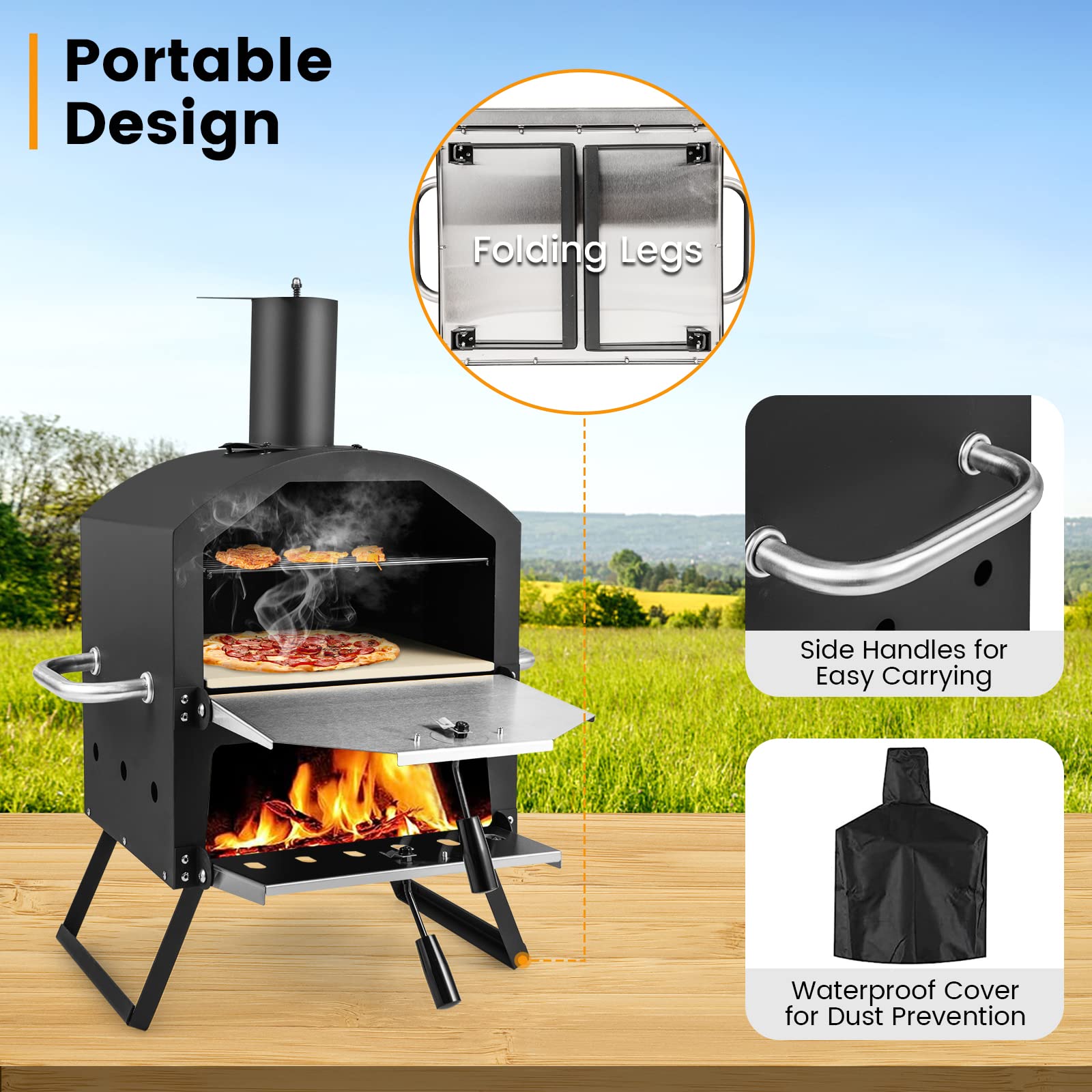 PETSITE Pizza Oven Outdoor, Wood Pellet Fired Pizza Oven with 12 Inches Pizza Stone & Waterproof Cover, 2-Tier Design Portable Stainless Steel Grill Pizza Maker for Outside Backyard Party - CookCave