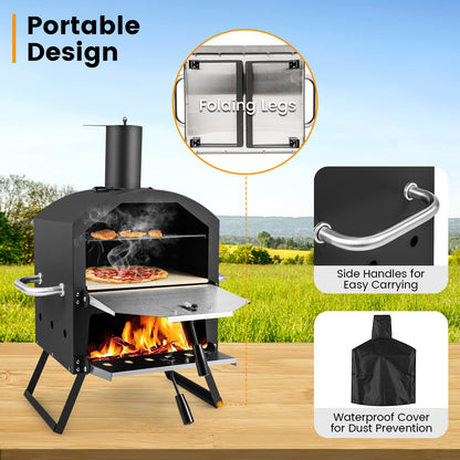 PETSITE Pizza Oven Outdoor, Wood Pellet Fired Pizza Oven with 12 Inches Pizza Stone & Waterproof Cover, 2-Tier Design Portable Stainless Steel Grill Pizza Maker for Outside Backyard Party - CookCave