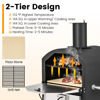 PETSITE Pizza Oven Outdoor, Wood Pellet Fired Pizza Oven with 12 Inches Pizza Stone & Waterproof Cover, 2-Tier Design Portable Stainless Steel Grill Pizza Maker for Outside Backyard Party - CookCave