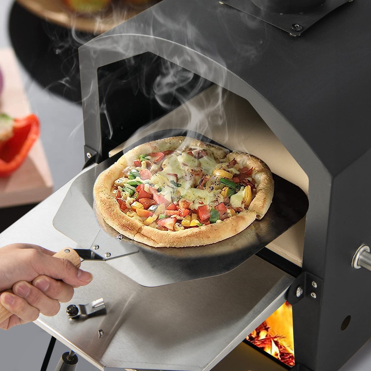 PETSITE Pizza Oven Outdoor, Wood Pellet Fired Pizza Oven with 12 Inches Pizza Stone & Waterproof Cover, 2-Tier Design Portable Stainless Steel Grill Pizza Maker for Outside Backyard Party - CookCave