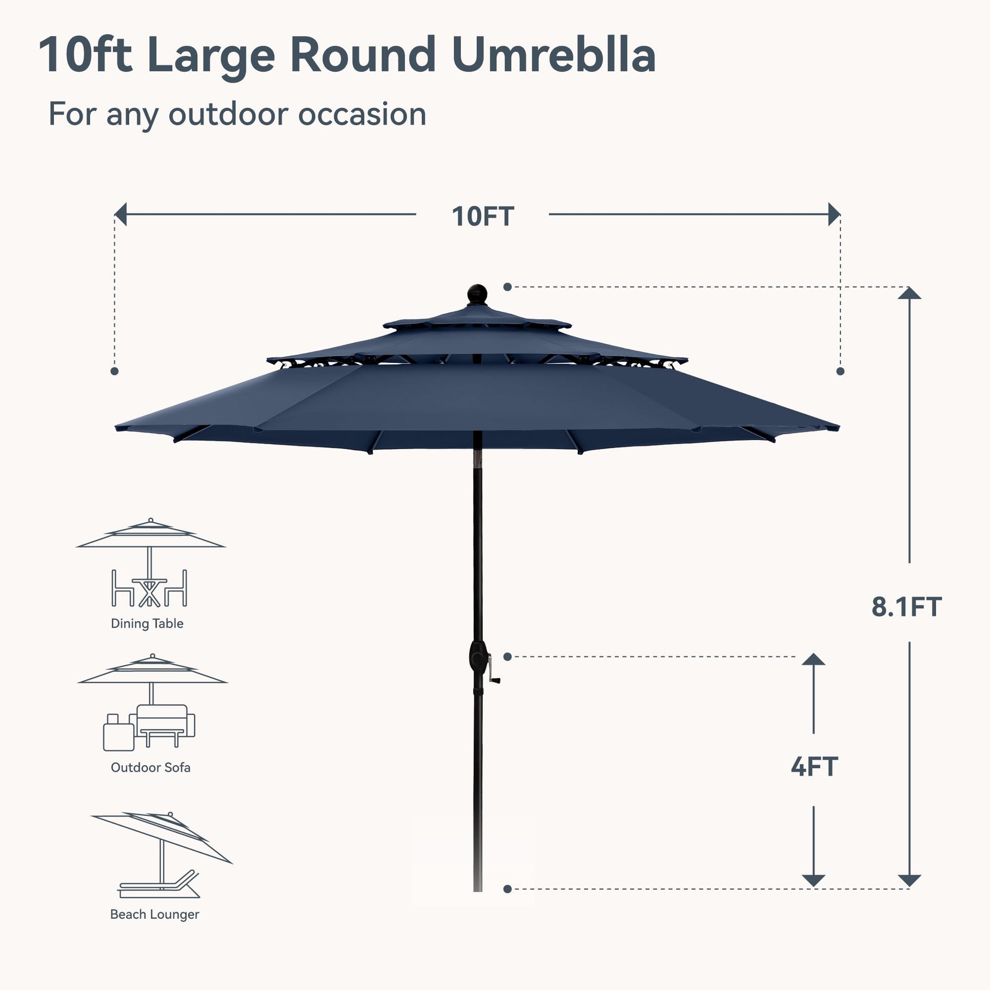 PHI VILLA 10ft Outdoor Patio Umbrellas for Outside, 3 Tier Vented Market Table Umbrella Windproof for Backyard, Deck, Garden, 1.5" Pole, Dark Blue（No Base） - CookCave