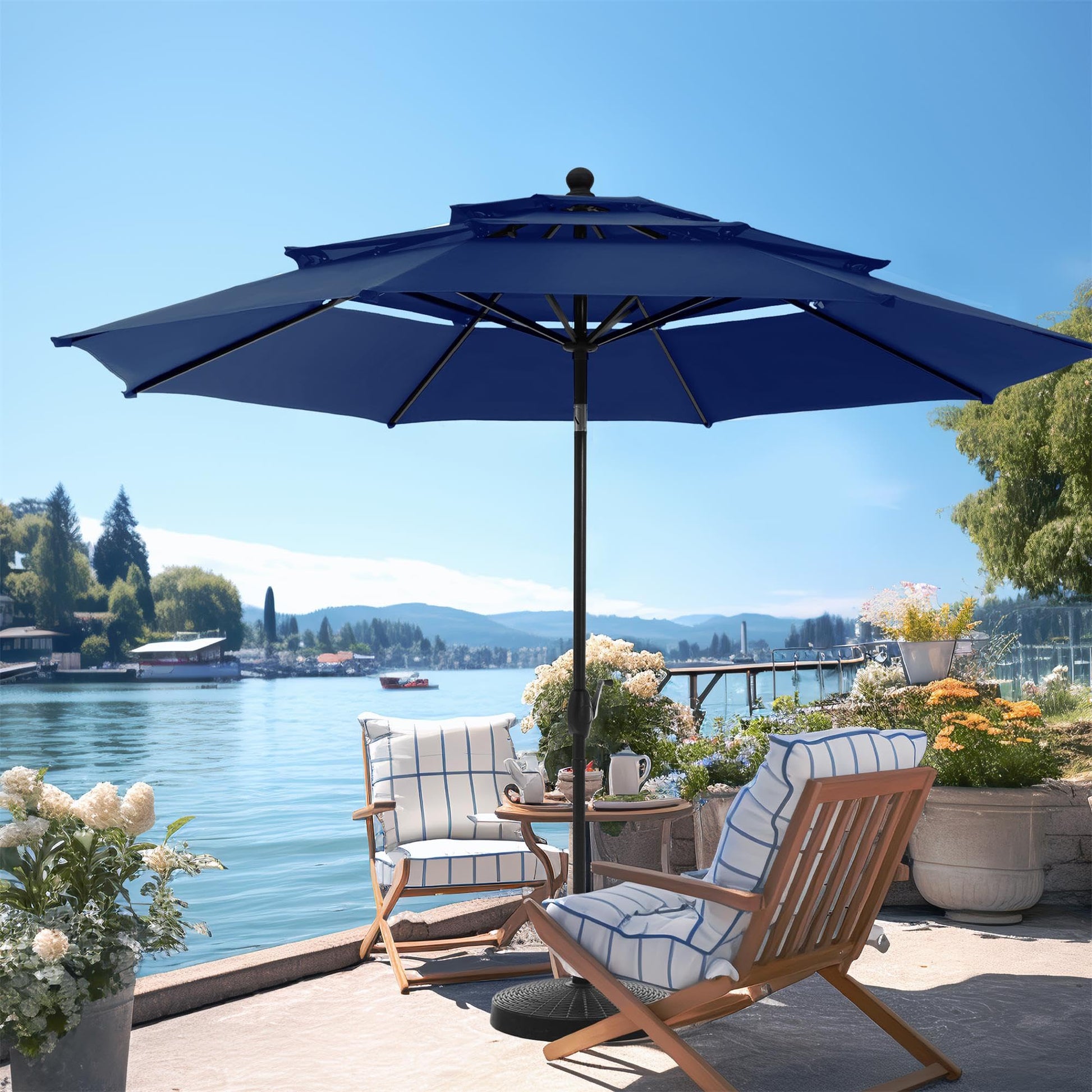PHI VILLA 10ft Outdoor Patio Umbrellas for Outside, 3 Tier Vented Market Table Umbrella Windproof for Backyard, Deck, Garden, 1.5" Pole, Dark Blue（No Base） - CookCave