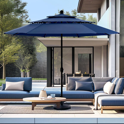 PHI VILLA 10ft Outdoor Patio Umbrellas for Outside, 3 Tier Vented Market Table Umbrella Windproof for Backyard, Deck, Garden, 1.5" Pole, Dark Blue（No Base） - CookCave