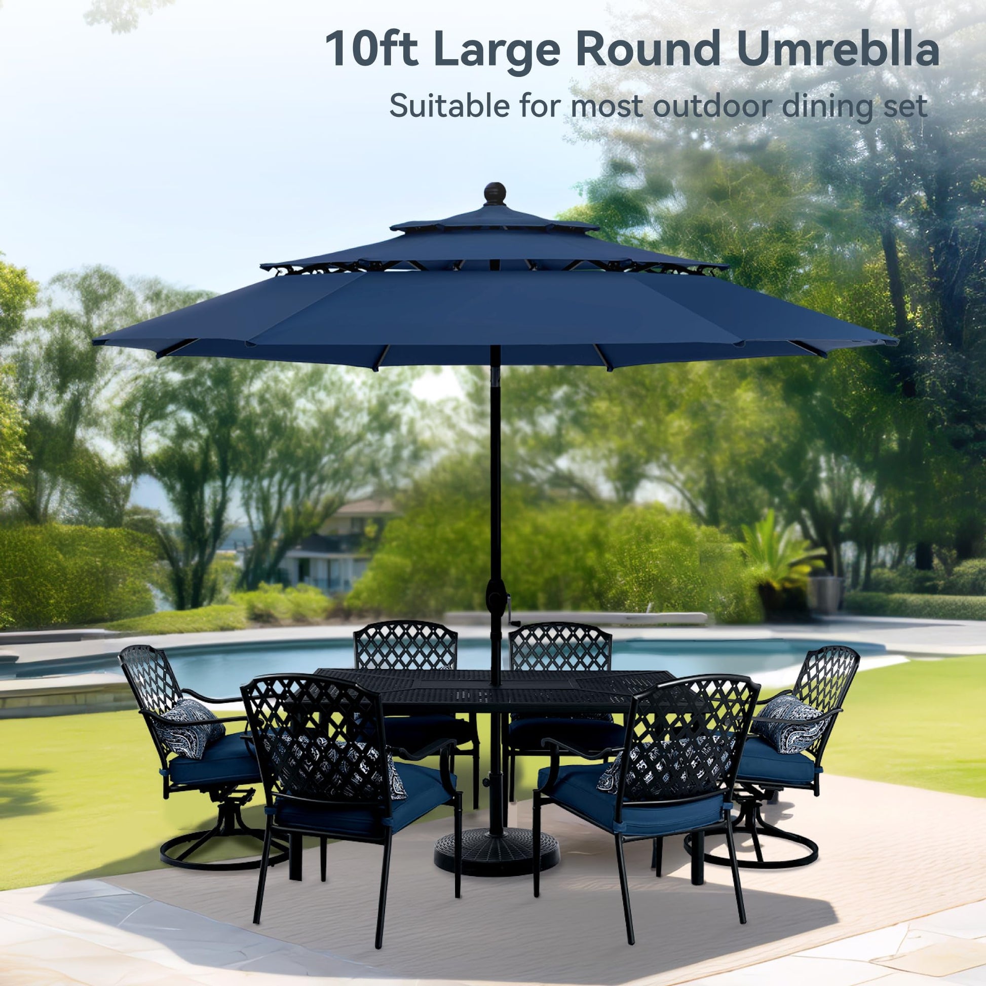 PHI VILLA 10ft Outdoor Patio Umbrellas for Outside, 3 Tier Vented Market Table Umbrella Windproof for Backyard, Deck, Garden, 1.5" Pole, Dark Blue（No Base） - CookCave