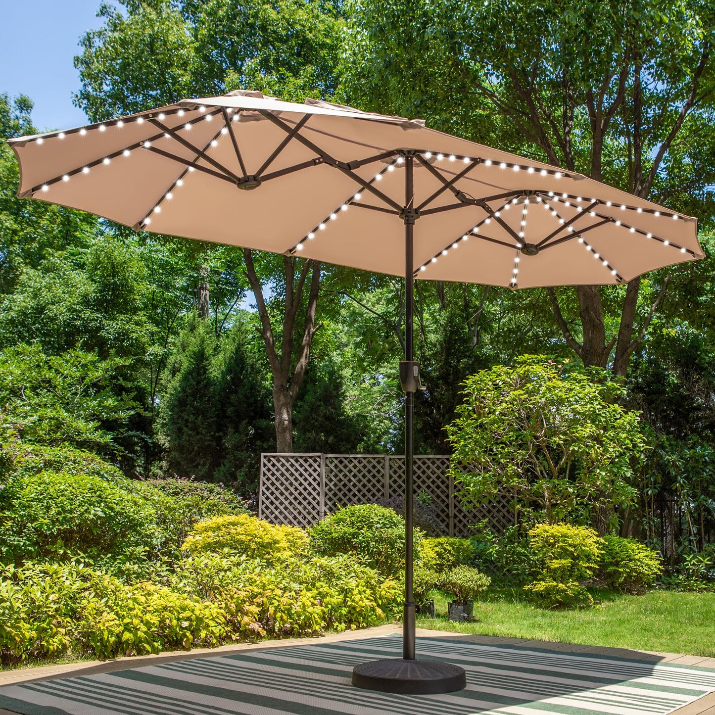 PHI VILLA 13ft Large Patio Umbrella with Solar Lights, Double-Sided Outdoor Market Rectangle Umbrella with 120 PCS LED Lights, Beige (No Base) - CookCave