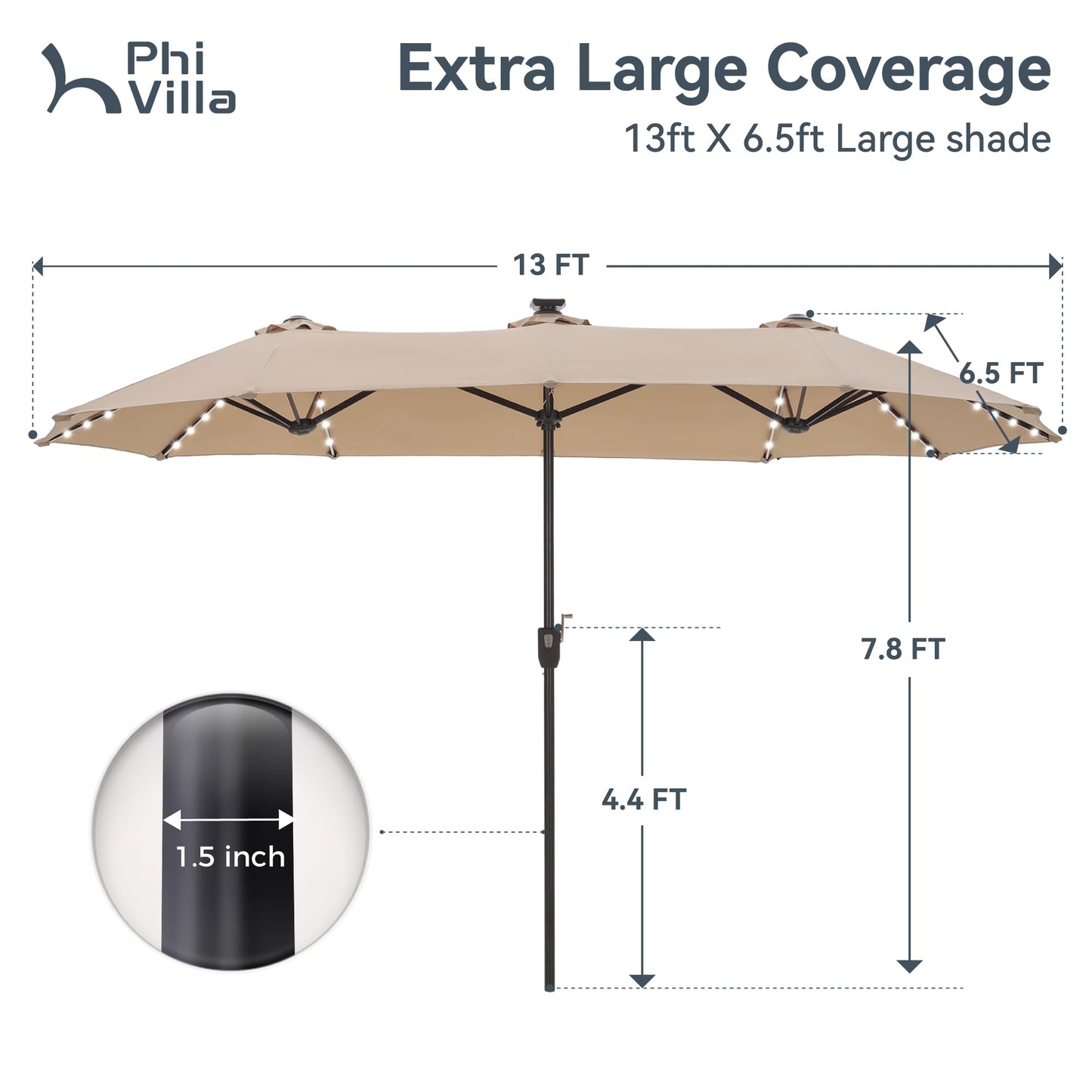 PHI VILLA 13ft Large Patio Umbrella with Solar Lights, Double-Sided Outdoor Market Rectangle Umbrella with 120 PCS LED Lights, Beige (No Base) - CookCave