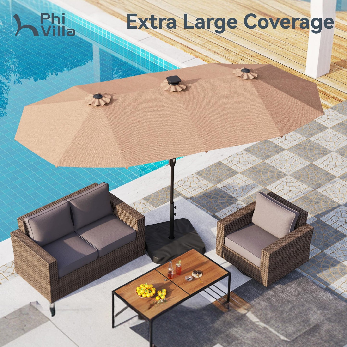 PHI VILLA 13ft Large Patio Umbrella with Solar Lights, Double-Sided Outdoor Market Rectangle Umbrella with 120 PCS LED Lights, Beige (No Base) - CookCave