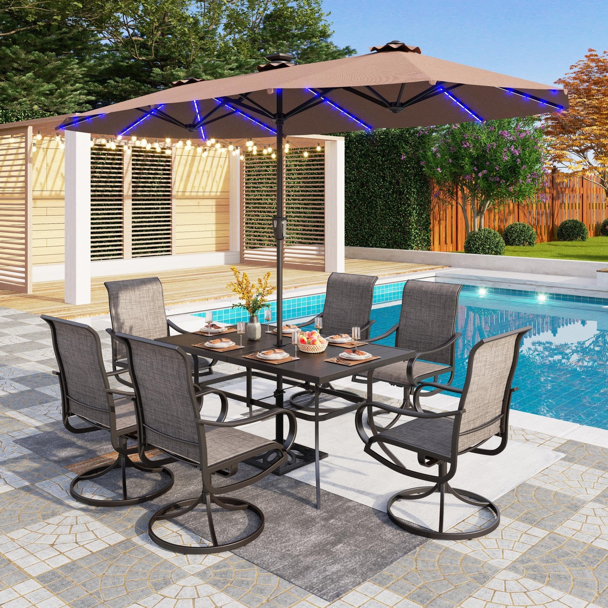 PHI VILLA 13ft Large Patio Umbrella with Solar Lights, Double-Sided Outdoor Market Rectangle Umbrella with 120 PCS LED Lights, Beige (No Base) - CookCave