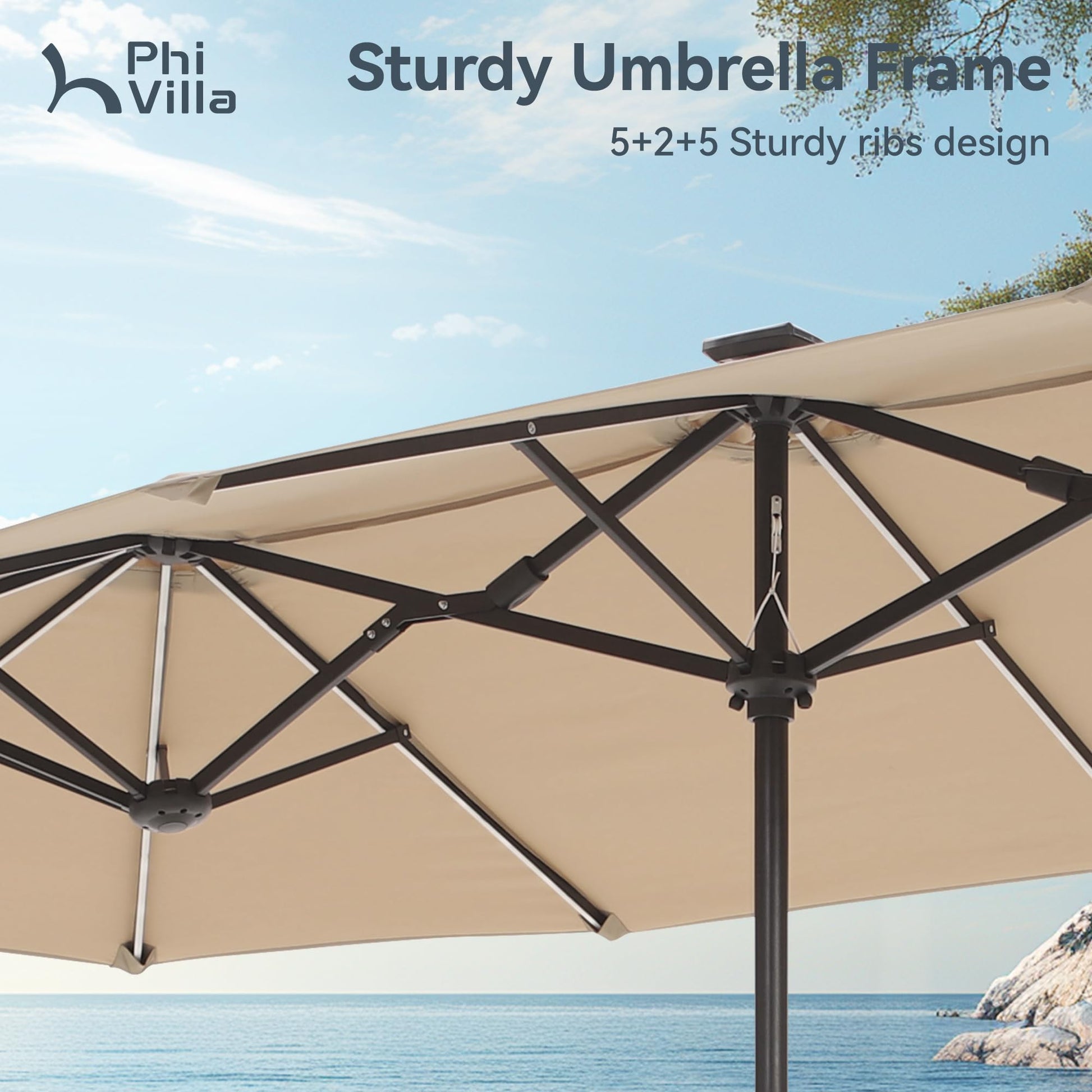PHI VILLA 13ft Large Patio Umbrella with Solar Lights, Double-Sided Outdoor Market Rectangle Umbrella with 120 PCS LED Lights, Beige (No Base) - CookCave