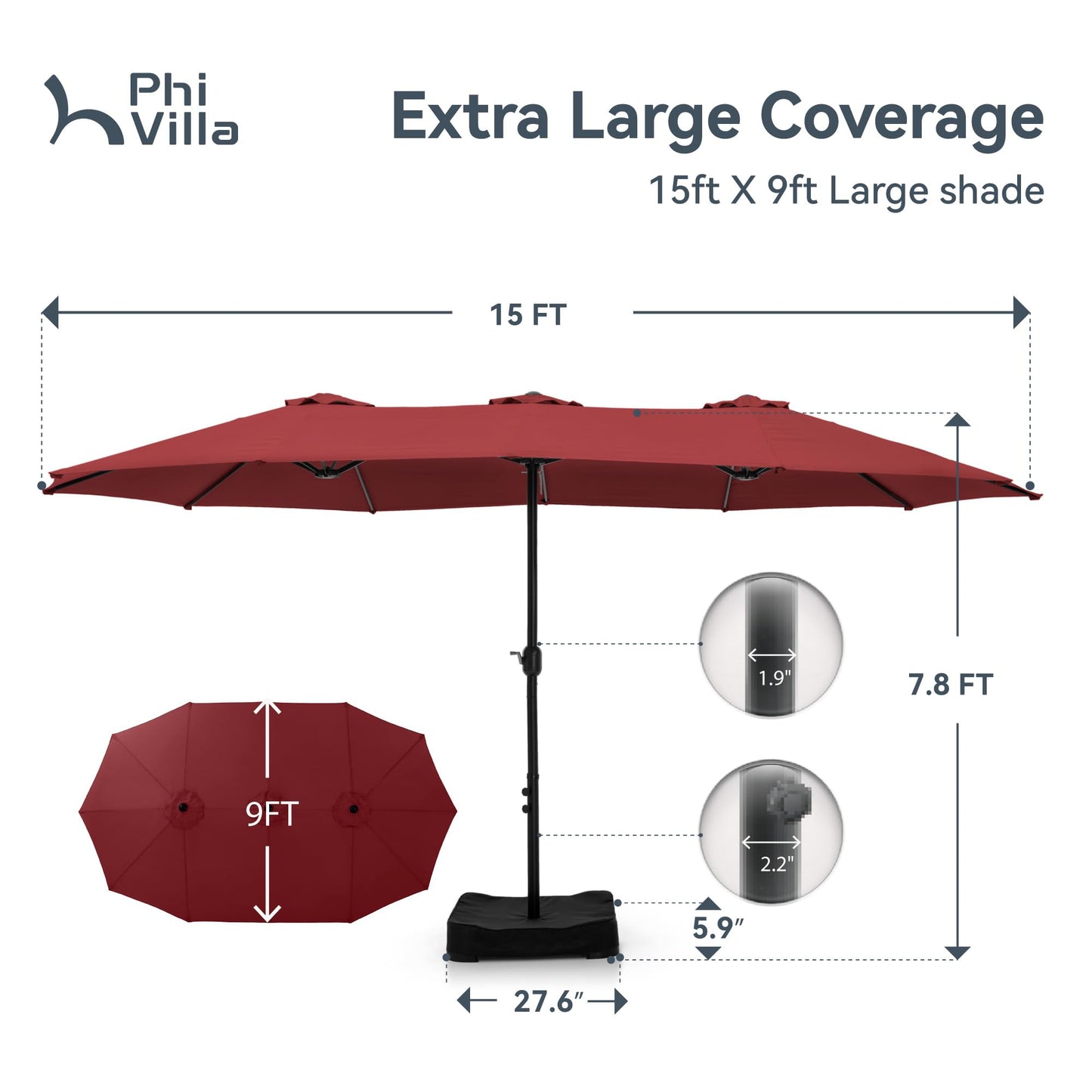 PHI VILLA 15ft Patio Umbrella Double-Sided Outdoor Market Extra Large Umbrella with Crank, Umbrella Base Included (Dark Red) - CookCave
