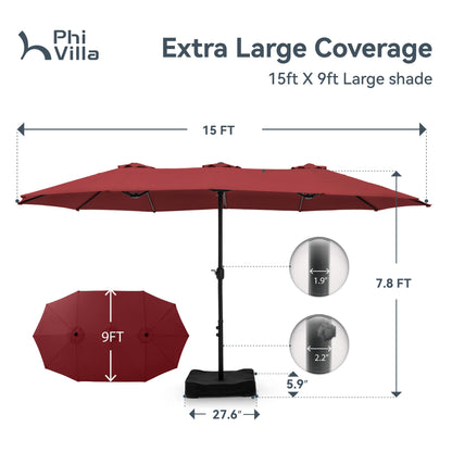 PHI VILLA 15ft Patio Umbrella Double-Sided Outdoor Market Extra Large Umbrella with Crank, Umbrella Base Included (Dark Red) - CookCave