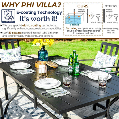 PHI VILLA 7 Piece Outdoor Dining Set for 6, 60” Rectangular Metal Steel Dining Table with Umbrella Hole & Stackable Dining Chairs for Patio, Deck, Yard, Garden - CookCave