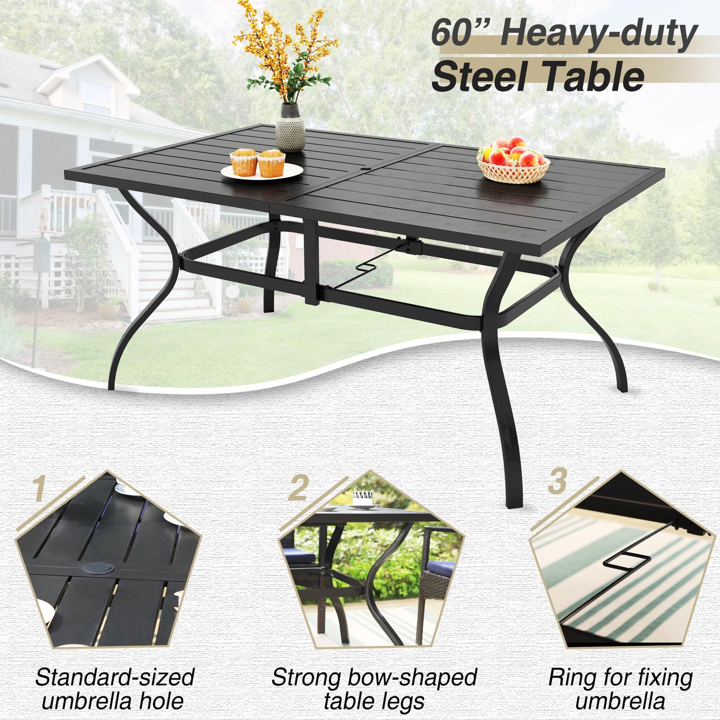 PHI VILLA 7 Piece Outdoor Dining Set for 6, 60” Rectangular Metal Steel Dining Table with Umbrella Hole & Stackable Dining Chairs for Patio, Deck, Yard, Garden - CookCave