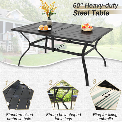 PHI VILLA 7 Piece Outdoor Dining Set for 6, 60” Rectangular Metal Steel Dining Table with Umbrella Hole & Stackable Dining Chairs for Patio, Deck, Yard, Garden - CookCave