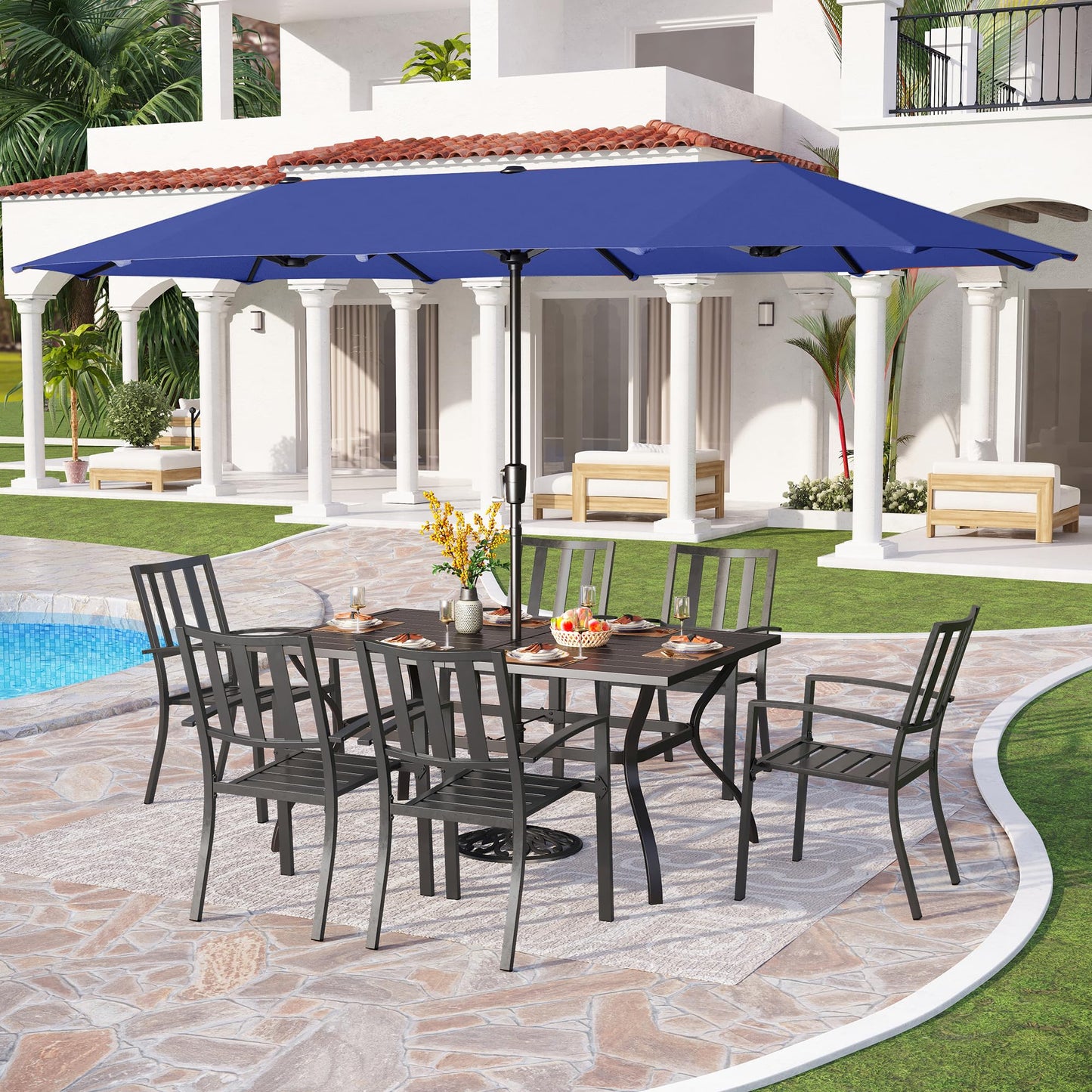 PHI VILLA 7 Piece Outdoor Dining Set for 6, 60” Rectangular Metal Steel Dining Table with Umbrella Hole & Stackable Dining Chairs for Patio, Deck, Yard, Garden - CookCave