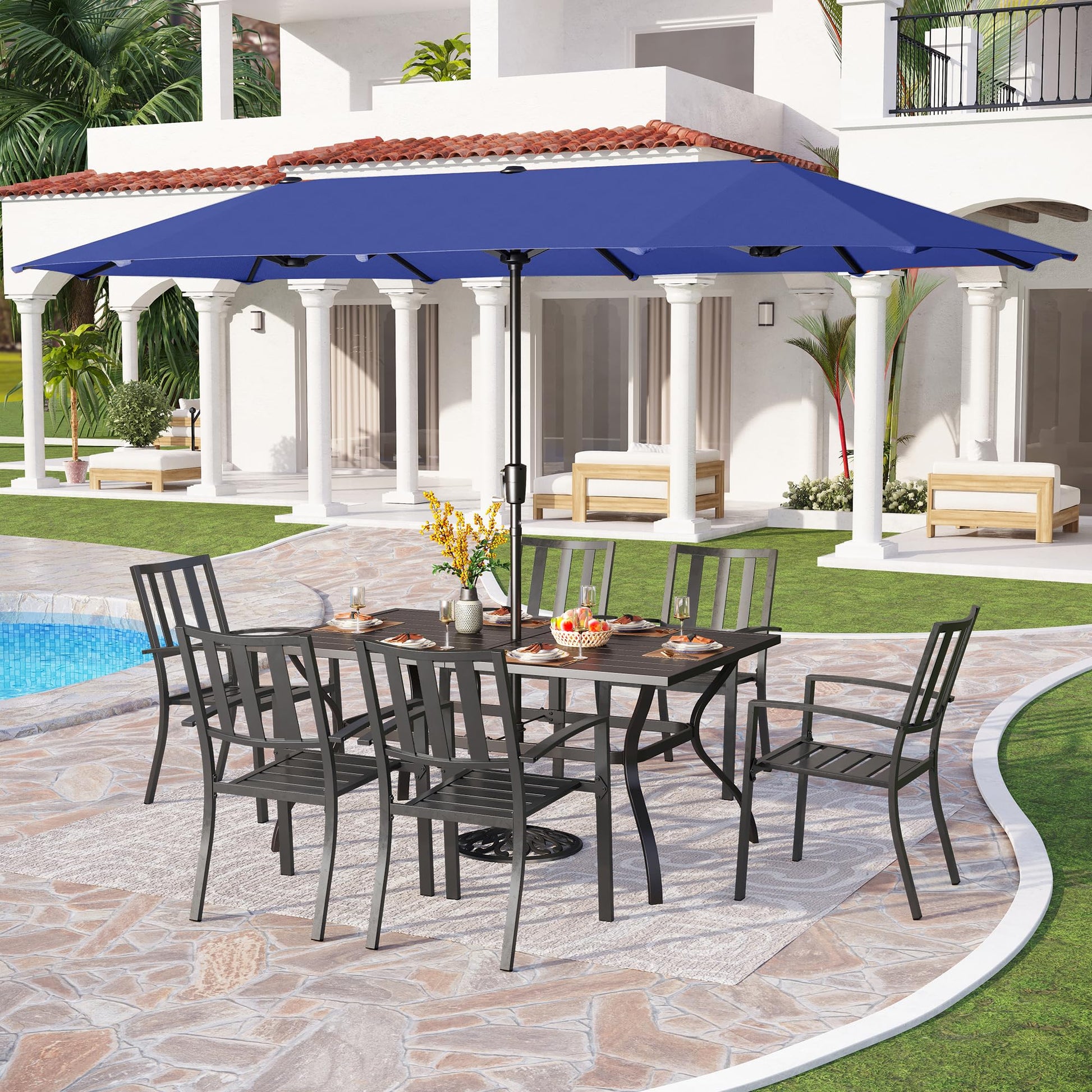 PHI VILLA 7 Piece Outdoor Dining Set for 6, 60” Rectangular Metal Steel Dining Table with Umbrella Hole & Stackable Dining Chairs for Patio, Deck, Yard, Garden - CookCave