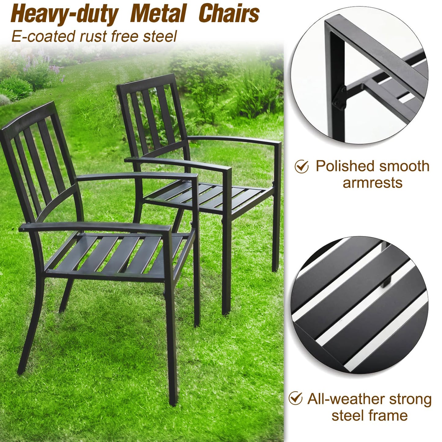 PHI VILLA 7 Piece Outdoor Dining Set for 6, 60” Rectangular Metal Steel Dining Table with Umbrella Hole & Stackable Dining Chairs for Patio, Deck, Yard, Garden - CookCave