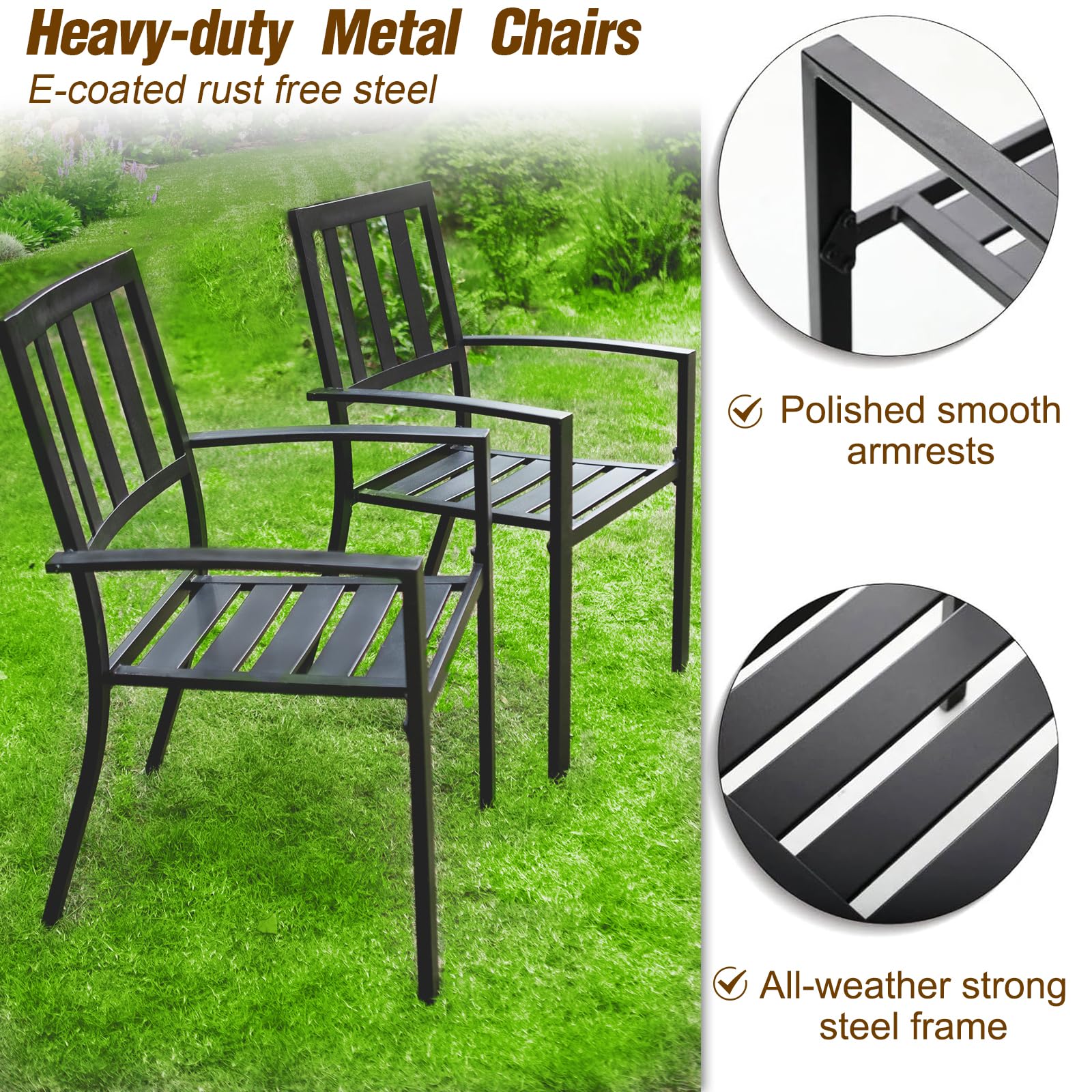 PHI VILLA 7 Piece Outdoor Dining Set for 6, 60” Rectangular Metal Steel Dining Table with Umbrella Hole & Stackable Dining Chairs for Patio, Deck, Yard, Garden - CookCave