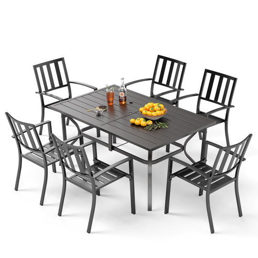 PHI VILLA 7 Piece Outdoor Dining Set for 6, 60” Rectangular Metal Steel Dining Table with Umbrella Hole & Stackable Dining Chairs for Patio, Deck, Yard, Garden - CookCave