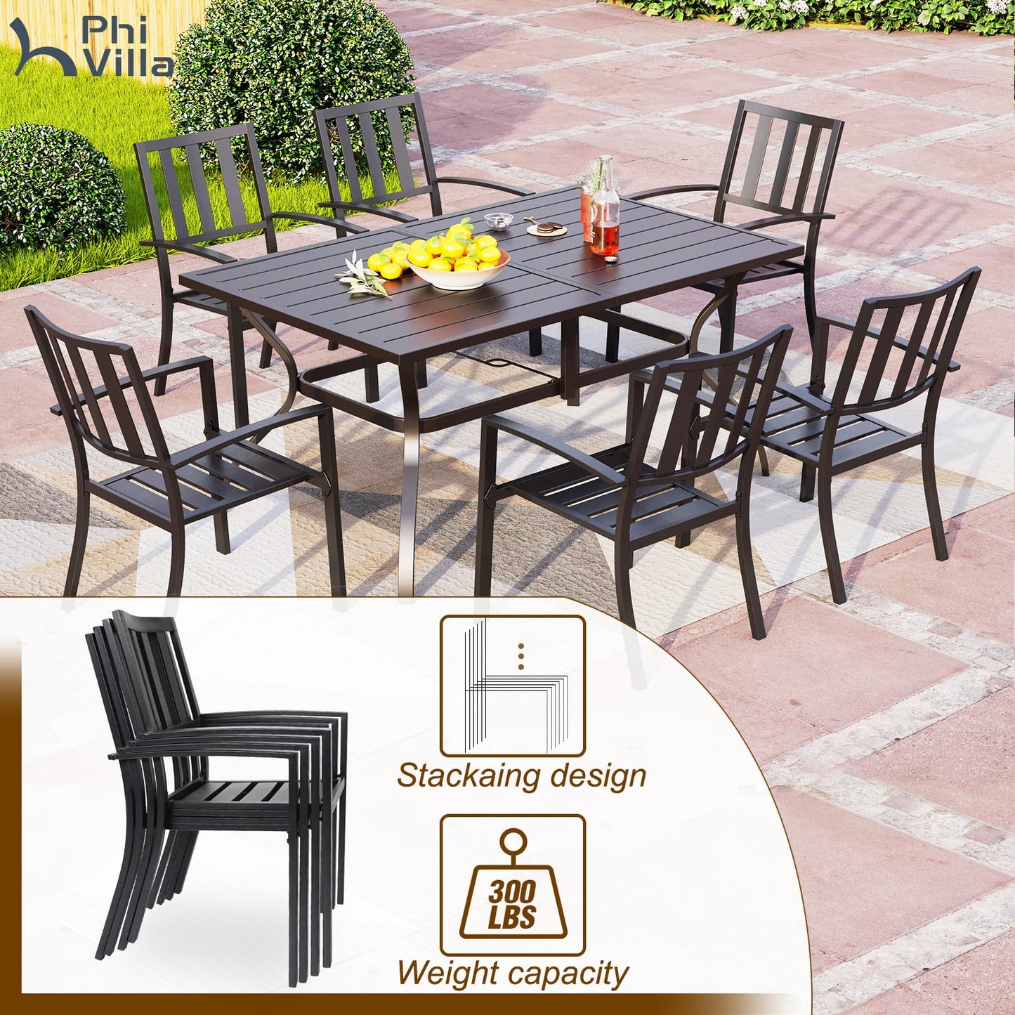 PHI VILLA 7 Piece Outdoor Dining Set for 6, 60” Rectangular Metal Steel Dining Table with Umbrella Hole & Stackable Dining Chairs for Patio, Deck, Yard, Garden - CookCave