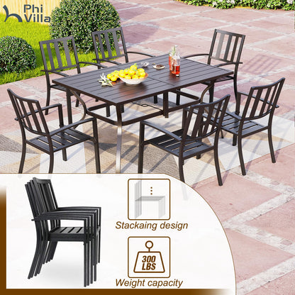 PHI VILLA 7 Piece Outdoor Dining Set for 6, 60” Rectangular Metal Steel Dining Table with Umbrella Hole & Stackable Dining Chairs for Patio, Deck, Yard, Garden - CookCave