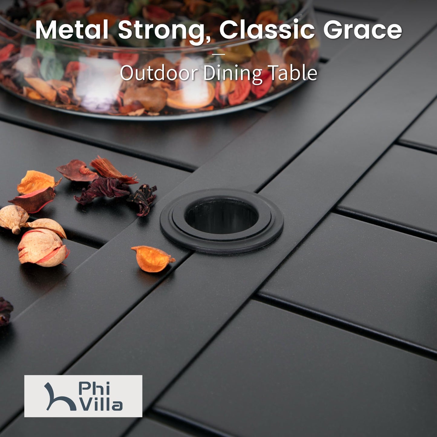 PHI VILLA 7 Piece Outdoor Dining Set for 6, 60” Rectangular Metal Steel Dining Table with Umbrella Hole & Stackable Dining Chairs for Patio, Deck, Yard, Garden - CookCave