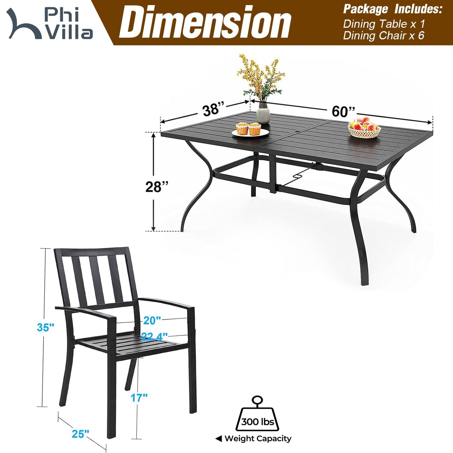 PHI VILLA 7 Piece Outdoor Dining Set for 6, 60” Rectangular Metal Steel Dining Table with Umbrella Hole & Stackable Dining Chairs for Patio, Deck, Yard, Garden - CookCave