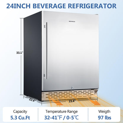 Phiestina 24 inch Indoor/Outdoor Beverage Refrigerator 175 Cans Built-in/Freestanding Beverage Fridge Cooler Lockable Stainless Steel Door Auto Defrost Quiet For Home/Commercial,6 Removable Shelves - CookCave