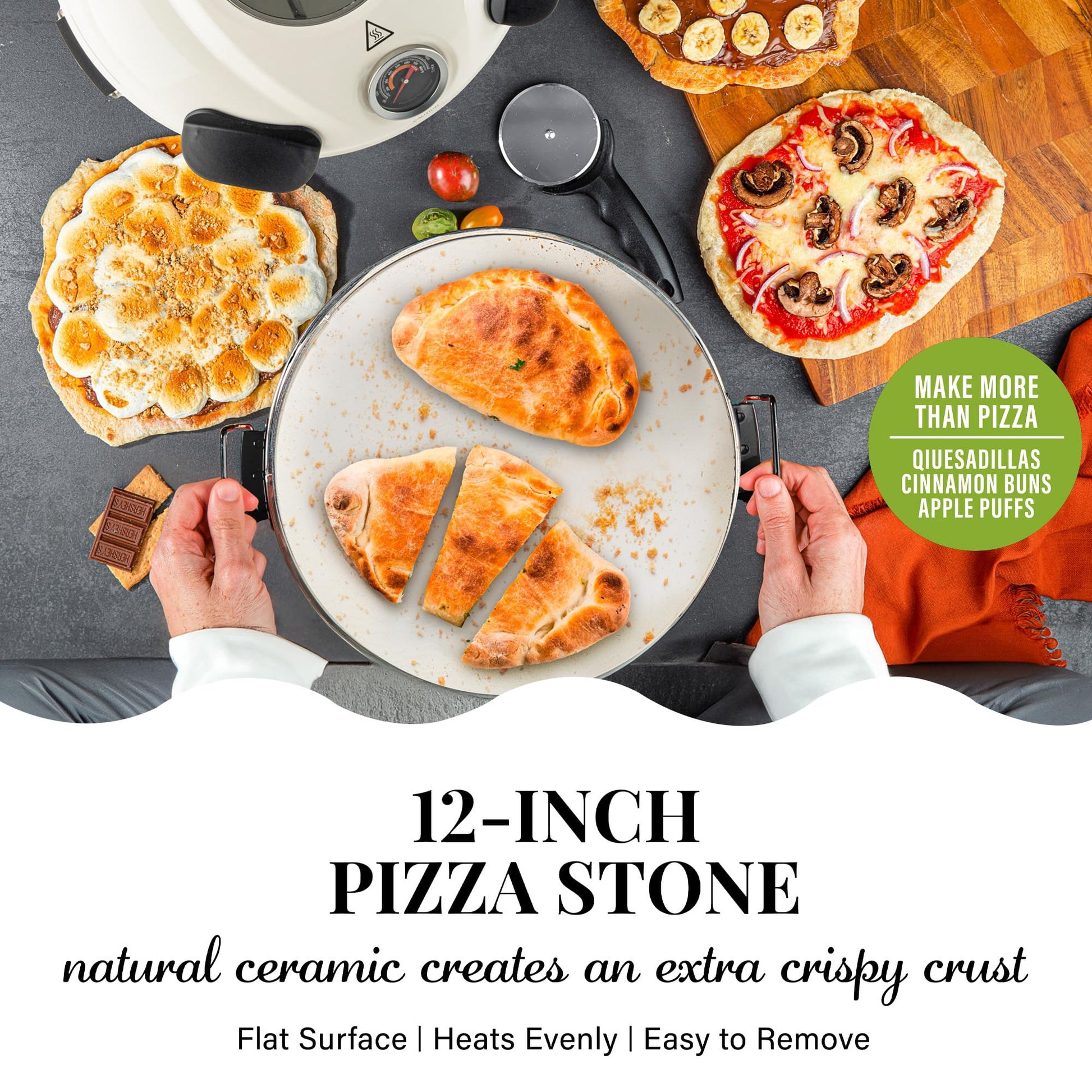 PIEZANO Crispy Crust Pizza Oven by Granitestone - Electric Indoor Portable, 12 Inch Countertop Pizza Maker, Heats up to 800F for Stone Baked Pizza at Home - Cream - CookCave