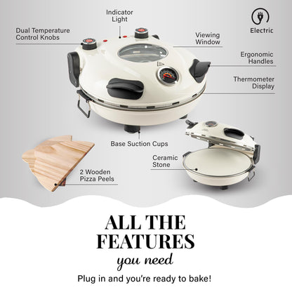 PIEZANO Crispy Crust Pizza Oven by Granitestone - Electric Indoor Portable, 12 Inch Countertop Pizza Maker, Heats up to 800F for Stone Baked Pizza at Home - Cream - CookCave