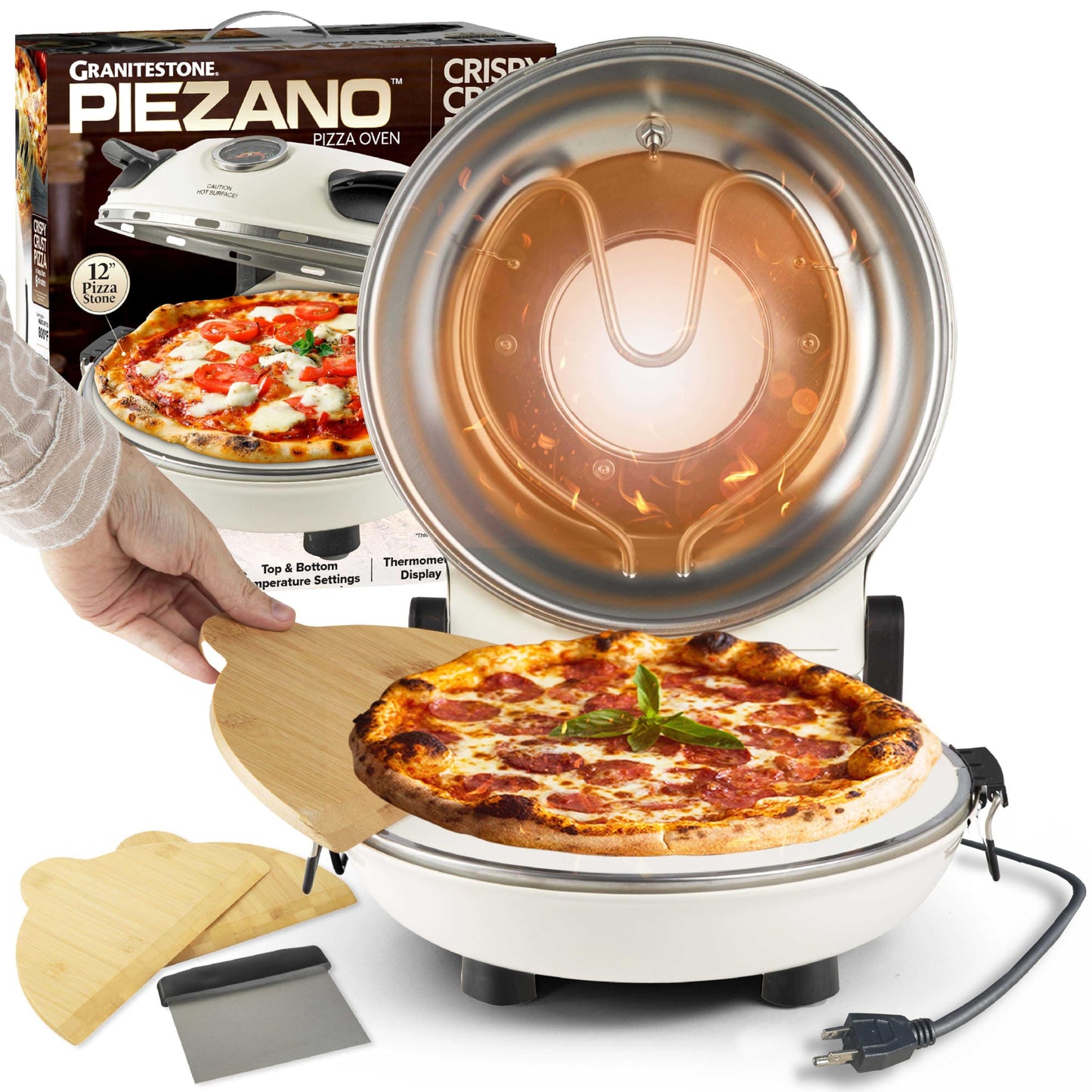 PIEZANO Crispy Crust Pizza Oven by Granitestone - Electric Indoor Portable, 12 Inch Countertop Pizza Maker, Heats up to 800F for Stone Baked Pizza at Home - Cream - CookCave