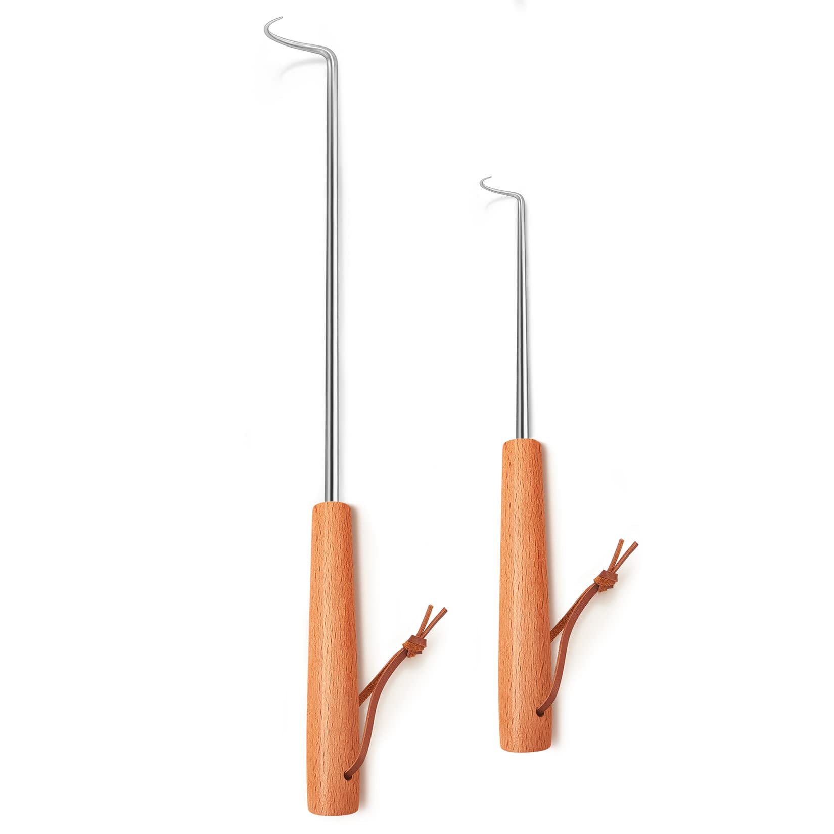 Pigtail Food Flipper Set of 2, Joyfair Stainless Steel Meat Hook & Turner Grill Tools for Outdoor BBQ Grilling & Kitchen Frying, Right Handed, Great Replacement to Tongs (12” & 17”, Wooden Handles) - CookCave